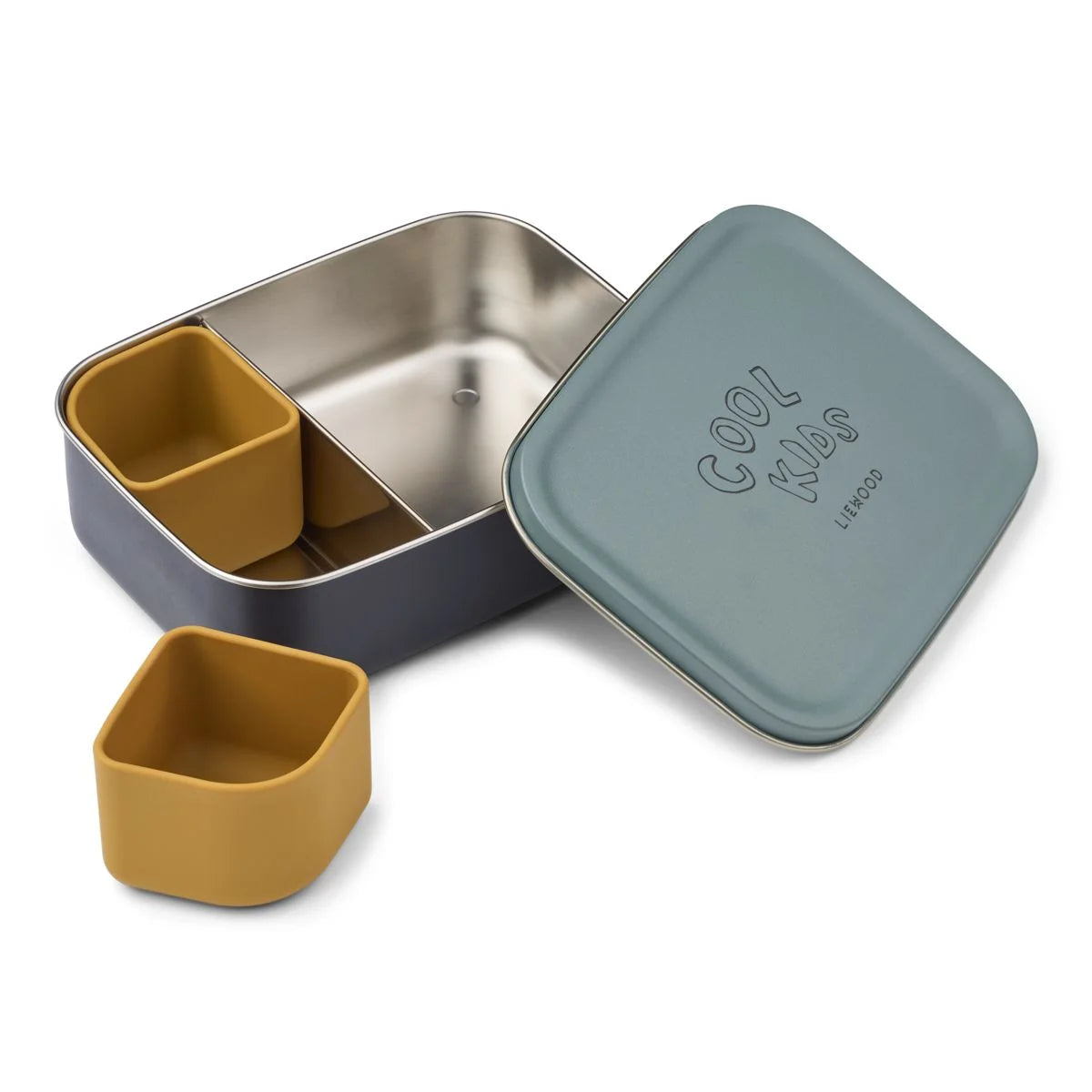 Grau und senfgelbe segmentierte edelstahl-lunchbox nina mit coole kids branding und innenfach aus edelstahl