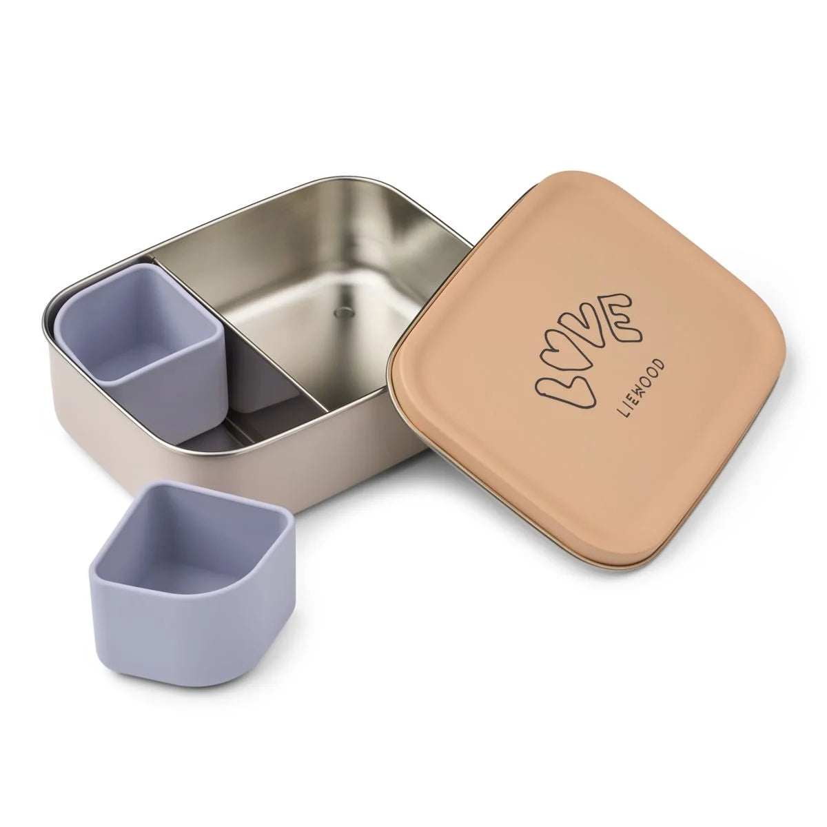 Beige silikon deckel mit love und liehood branding auf edelstahl lunchbox nina mit lavendelfarbenen silikonfächern