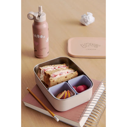 Pastellrosa und silberner edelstahl lunchbox nina mit fächern und essen für den täglichen gebrauch