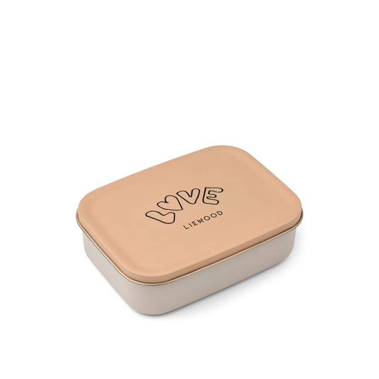Beige rechteckige Edelstahl-Lunchbox Nina Love Pale Tuscany mit „Love“ und Liewood-Gravur