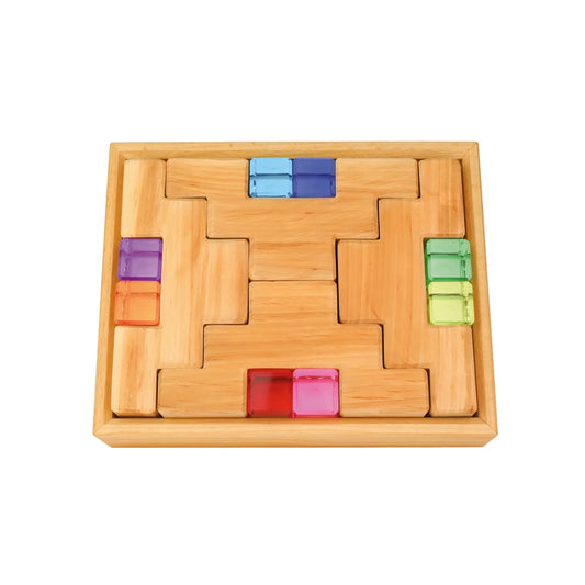 Hölzerne Puzzle-Box mit bunten transluzenten Acryl-Blöcken in labyrinthartigem Muster: Stairs Blocks mit lumineszierenden