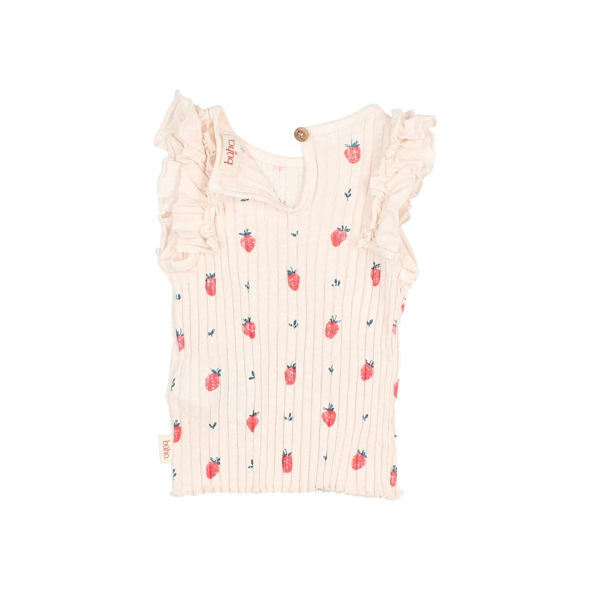 Zarte cremefarbene Ribbed-Trägerbluse mit roter Erdbeere und Rüschen, Strawberry T-Shirt