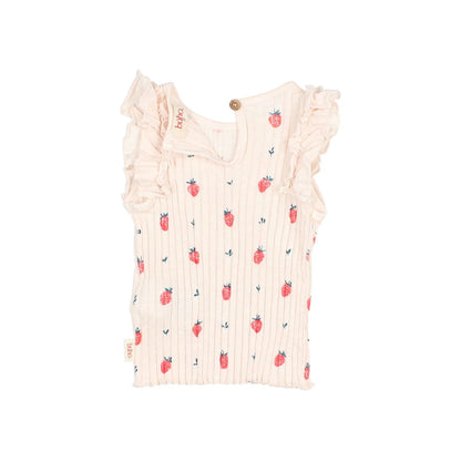Zarte cremefarbene Ribbed-Trägerbluse mit roter Erdbeere und Rüschen, Strawberry T-Shirt