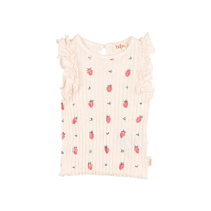 Zarte cremefarbene Rib-Top mit Erdbeerprint, Rüschenschultern, Strawberry T-Shirt
