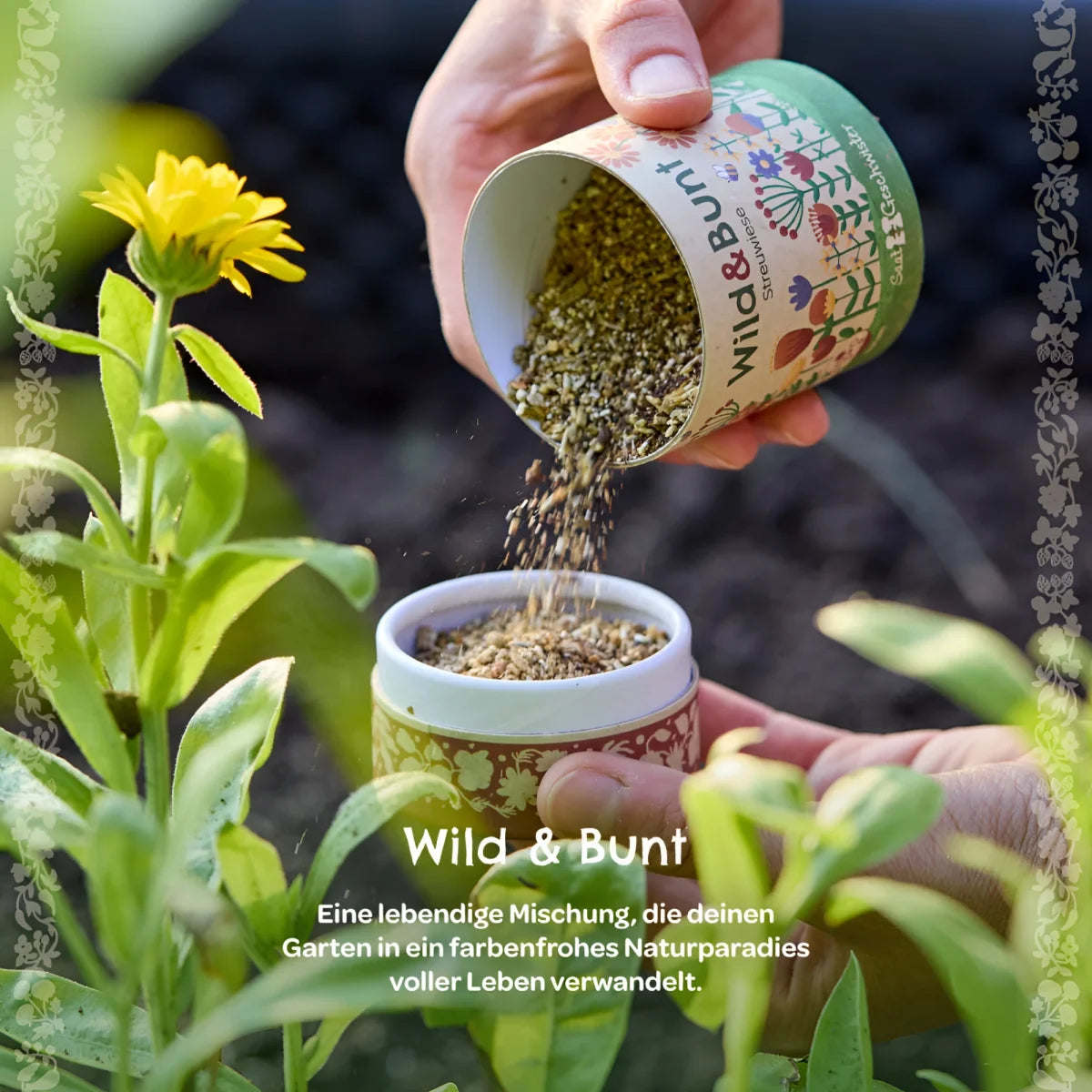 Ein grüner und weißer zylinderbehälter mit floralem design und der aufschrift wild & bunt enthält getrocknete krautsamen