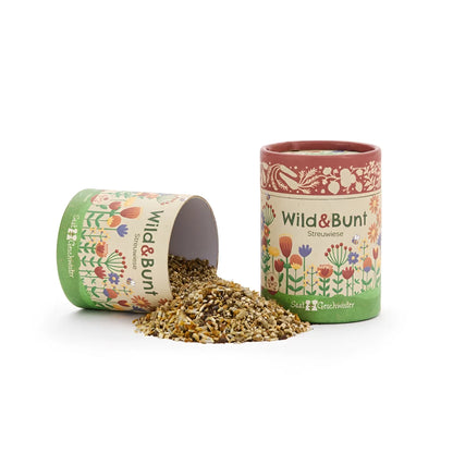 Buntes zylindrisches Produkt Streuwiese Wild + Bunt mit floralem Design in Grün und Rot