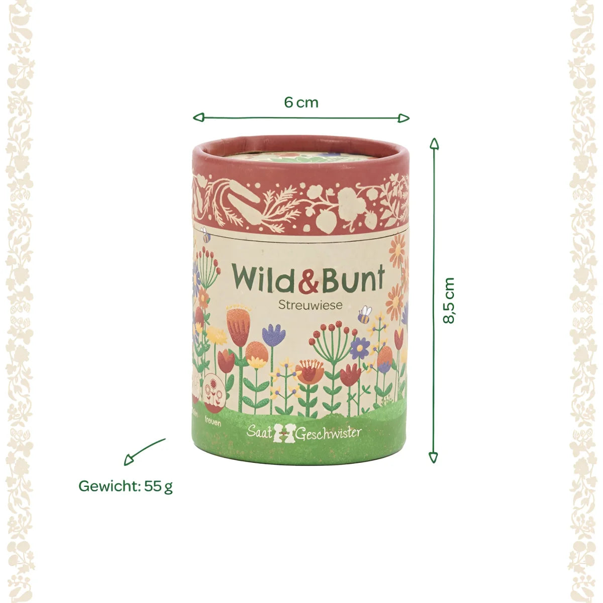 Ein zylindrischer papierbehälter mit bunter blumengestaltung und wild + bunt streuwiese etikett in rot und grün