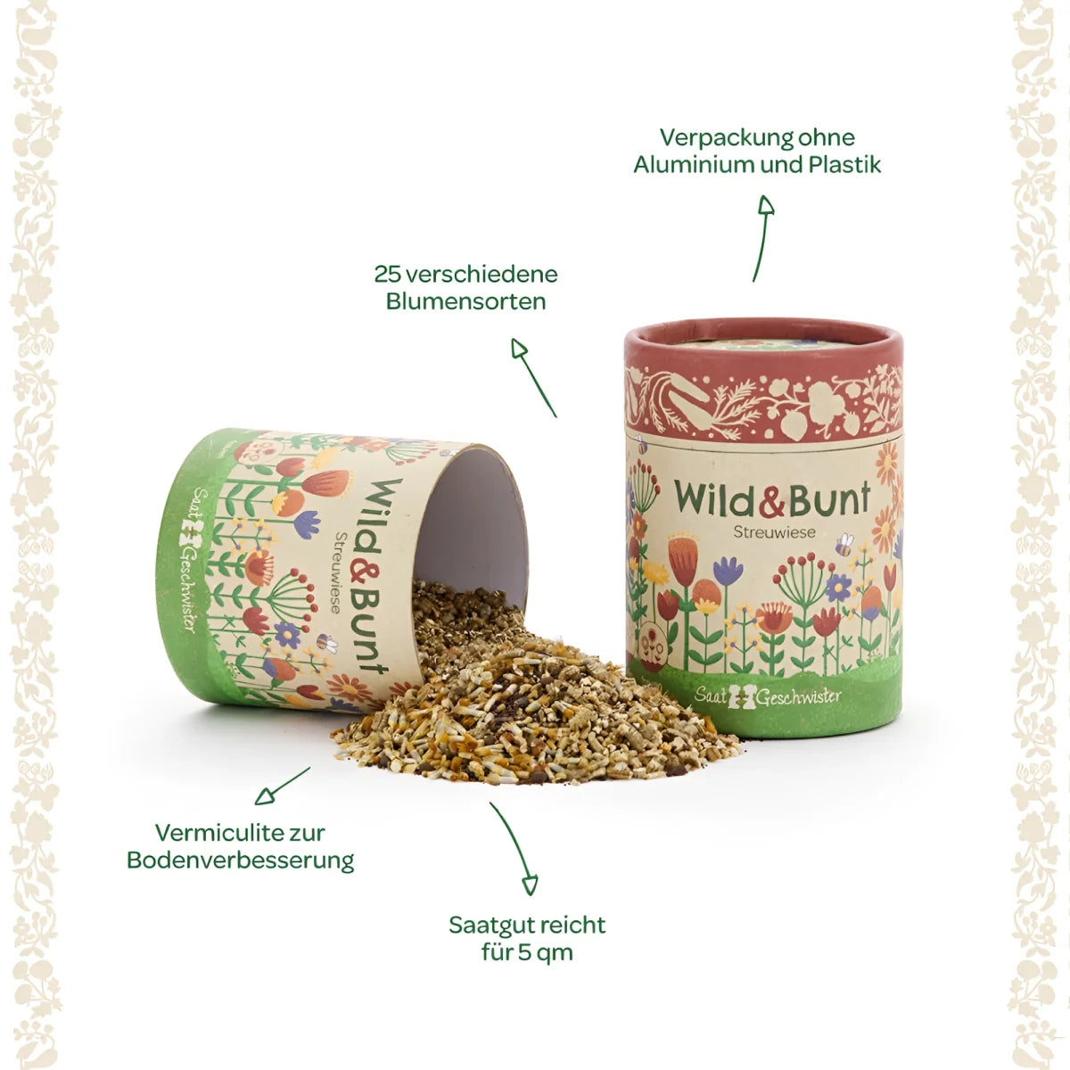 Ein bunter zylindrischer behälter mit wild bunt wildblumensamen im streuwiese wild plus bunt design