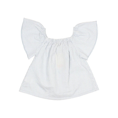 Stripes Blouse Sky Blue mit schulterfreiem Ausschnitt und Flatterärmeln