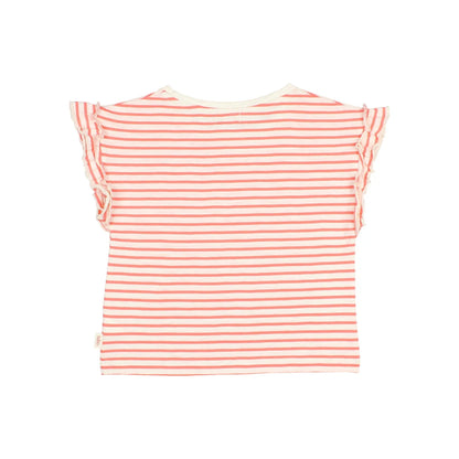 Stripes Girly T-Shirt Coral: rosa-weiße Streifen mit Rüschenaermeln