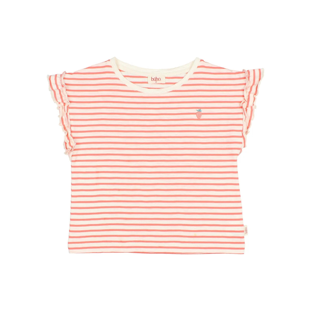 Stripes Girly T-Shirt Coral: rosa-weisse Streifen mit Rüschenärmeln