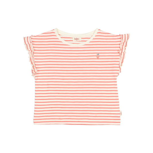 Stripes Girly T-Shirt Coral: rosa-weisse Streifen mit Rüschenärmeln
