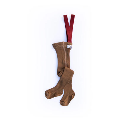 Braune Strumpfhose mit Trägern, Acorn Brown mit Ahornblatt