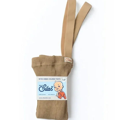 Beige gerippte Strumpfhose mit Träger für Babys und Produktetikett