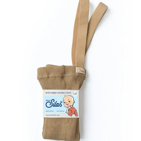 Beige gerippte Strumpfhose mit Träger für Babys und Produktetikett
