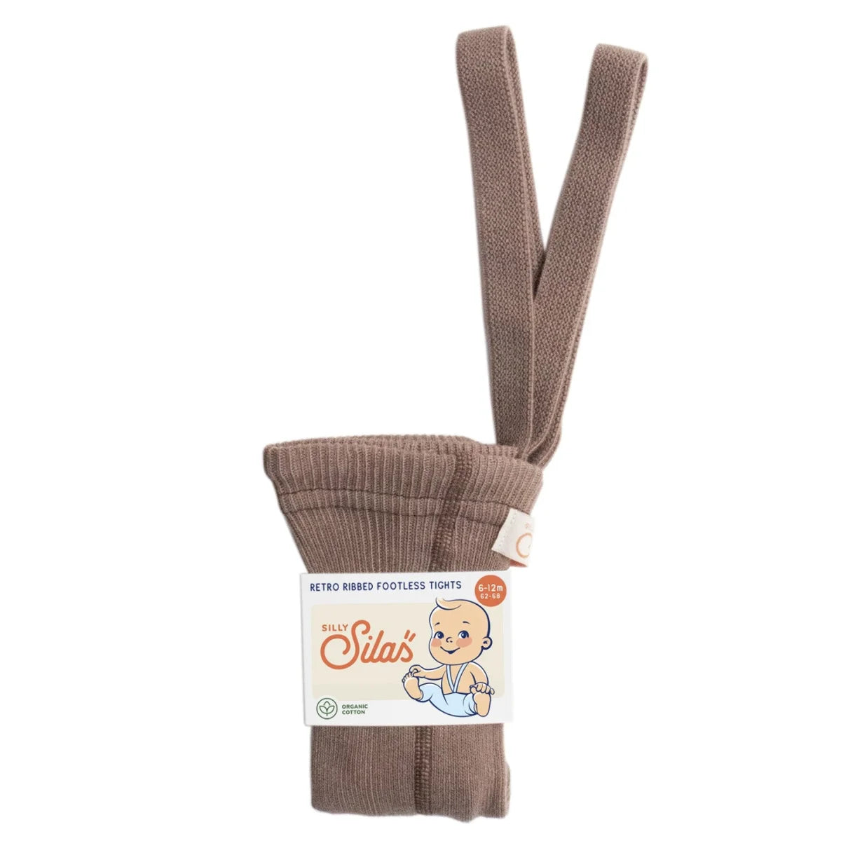 Braune gerippte Strumpfhosen für Babys in Verpackung mit Cartoon-Baby-Label