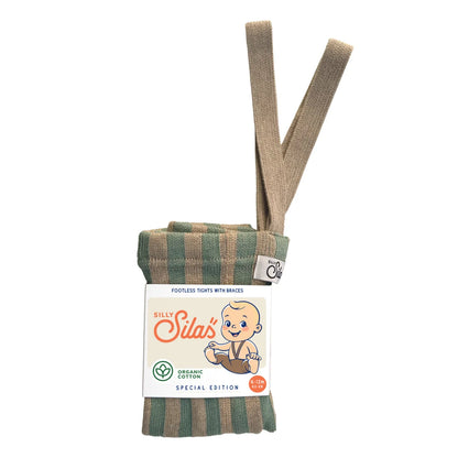 Silly Silas Strumpfhose mit Träger Footless aus Bio-Baumwolle in grün-beiger gestreifter Matcha x Peanut-Optik