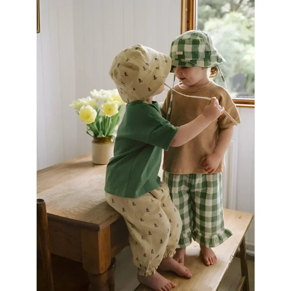 Grün-weißer Gingham-Eimerhut mit passendem verstellbarem Band, Sun Hat Bucket Lavender Bloom