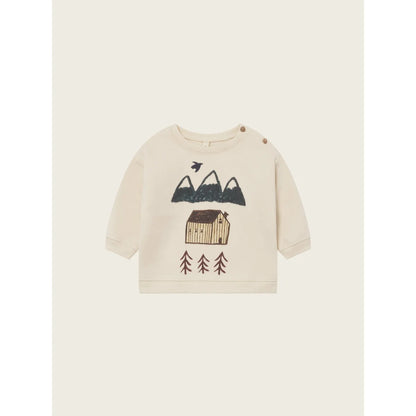 Hellbeige langärmliges Kinder-Sweatshirt mit rustikalem Blockhaus- und Bergmotiv