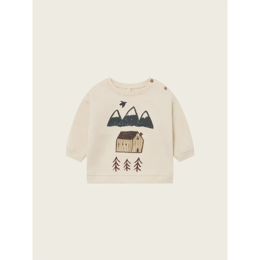 Hellbeige langärmliges Kinder-Sweatshirt mit rustikalem Blockhaus- und Bergmotiv