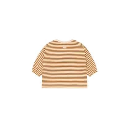 Ein weiches langarmshirt mit horizontalen streifen in warmen beige- und terrakottatönen namens sweatshirt copper stripes