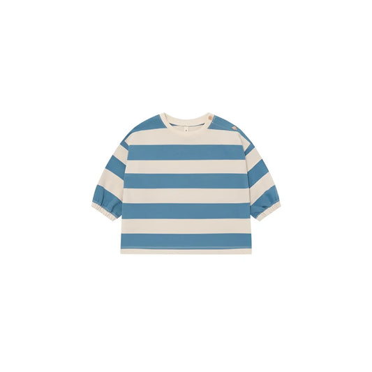 Kindersweatshirt Deck Chair Stripes mit blau-cremefarbenem horizontal gestreiftem Muster und elastischen Bündchen am Ärmel