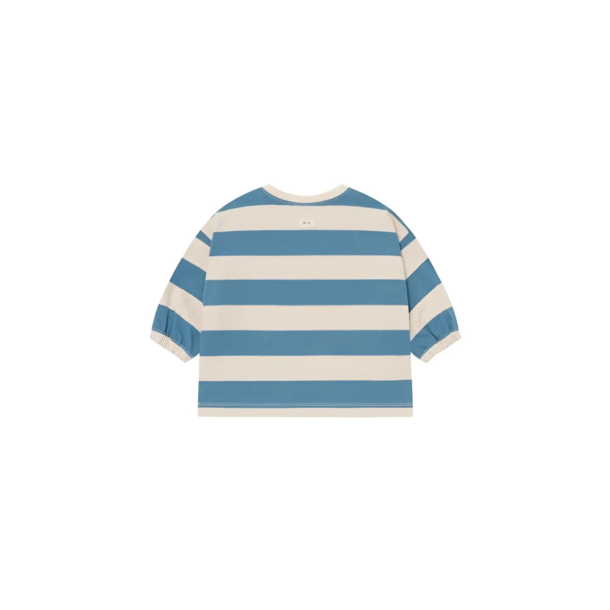 A soft blue and cream striped sweatshirt with long sleeves and elastic cuffs called deck chair stripes