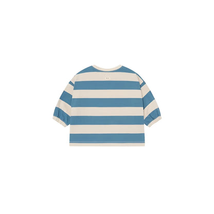 A soft blue and cream striped sweatshirt with long sleeves and elastic cuffs called deck chair stripes