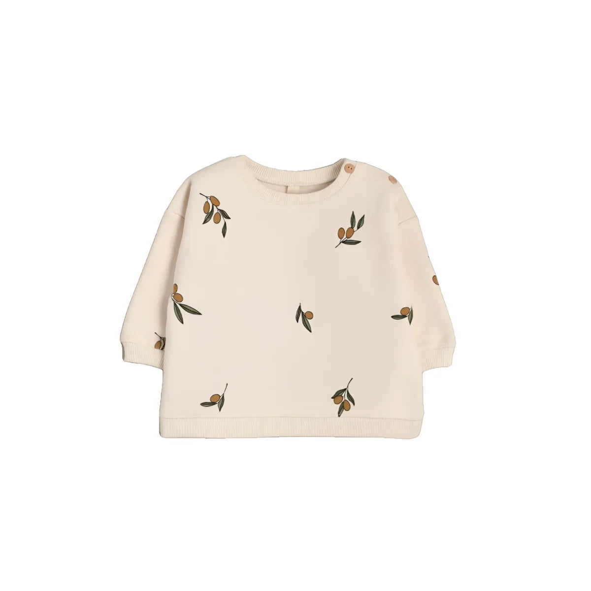Cremfarbener langärmeliger Babysweater mit kleinen Olivenbaumdesigns