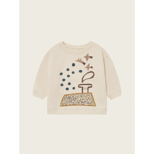 Off-White Langarm-Sweatshirt mit verspieltem Schornstein- und Vogel-Design