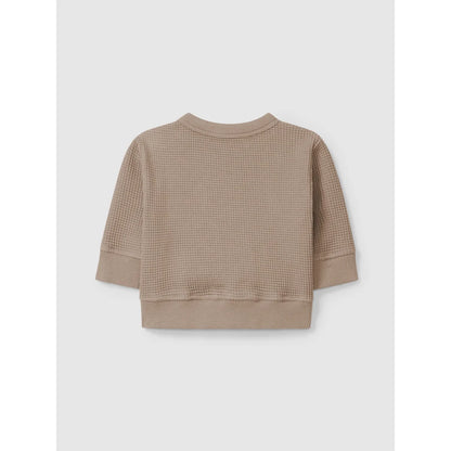 Beige langärmiges Waffelstrickoberteil mit Rippenbündchen und Saum, Sweatshirt Smile Taupe