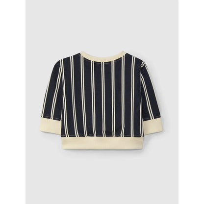 Navyblaues gestreiftes Langarmshirt mit cremefarbenen Bündchen und Saum