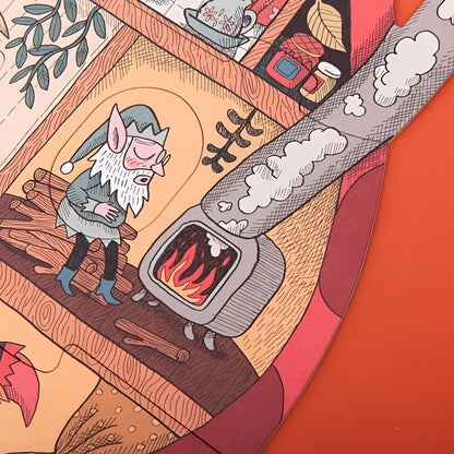 Ein grimmiger Gnom steht neben einem Holzofen im Sweet Dreams Puzzle