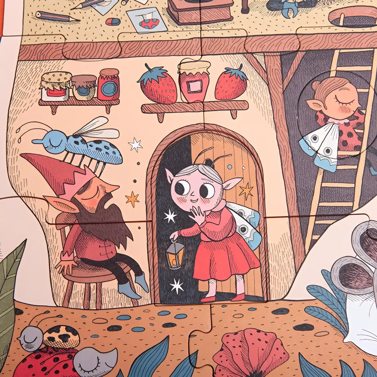 Eine fantasievolle Illustration einer Maus in rotem Kleid an einer Tür im Sweet Dreams Puzzle