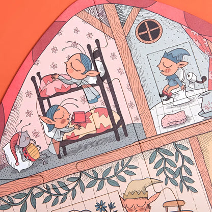 Gemütliche Illustration von schlafenden Kindern in Etagenbetten mit Schnee draußen