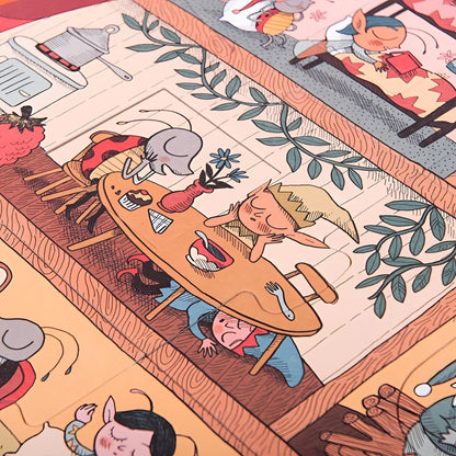 Lebendige Illustration mit cartoonhaften Charakteren in einem verspielten Puzzle-Szenario