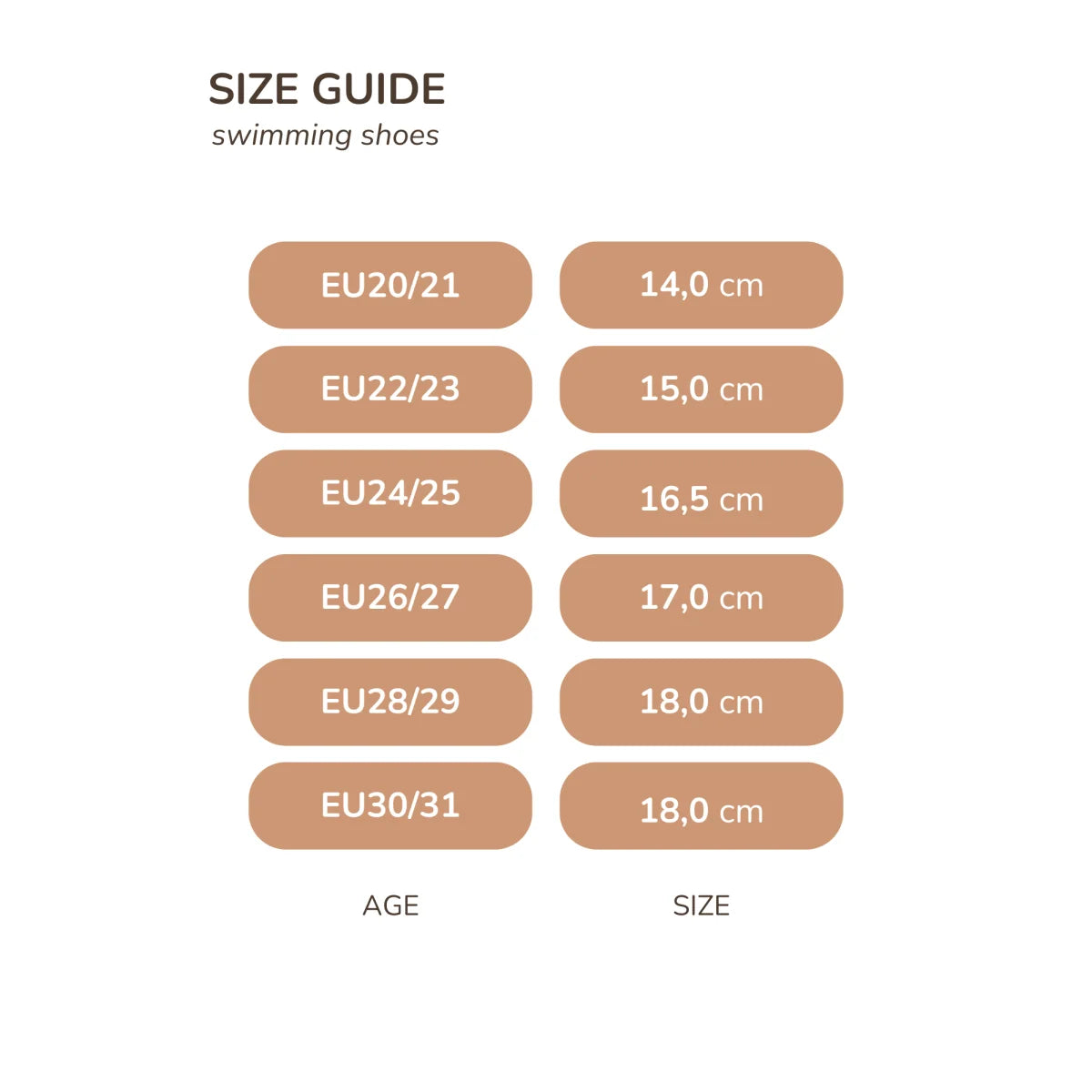 Größentabelle für Schwimmchuhe der Marke Speckled Diamond