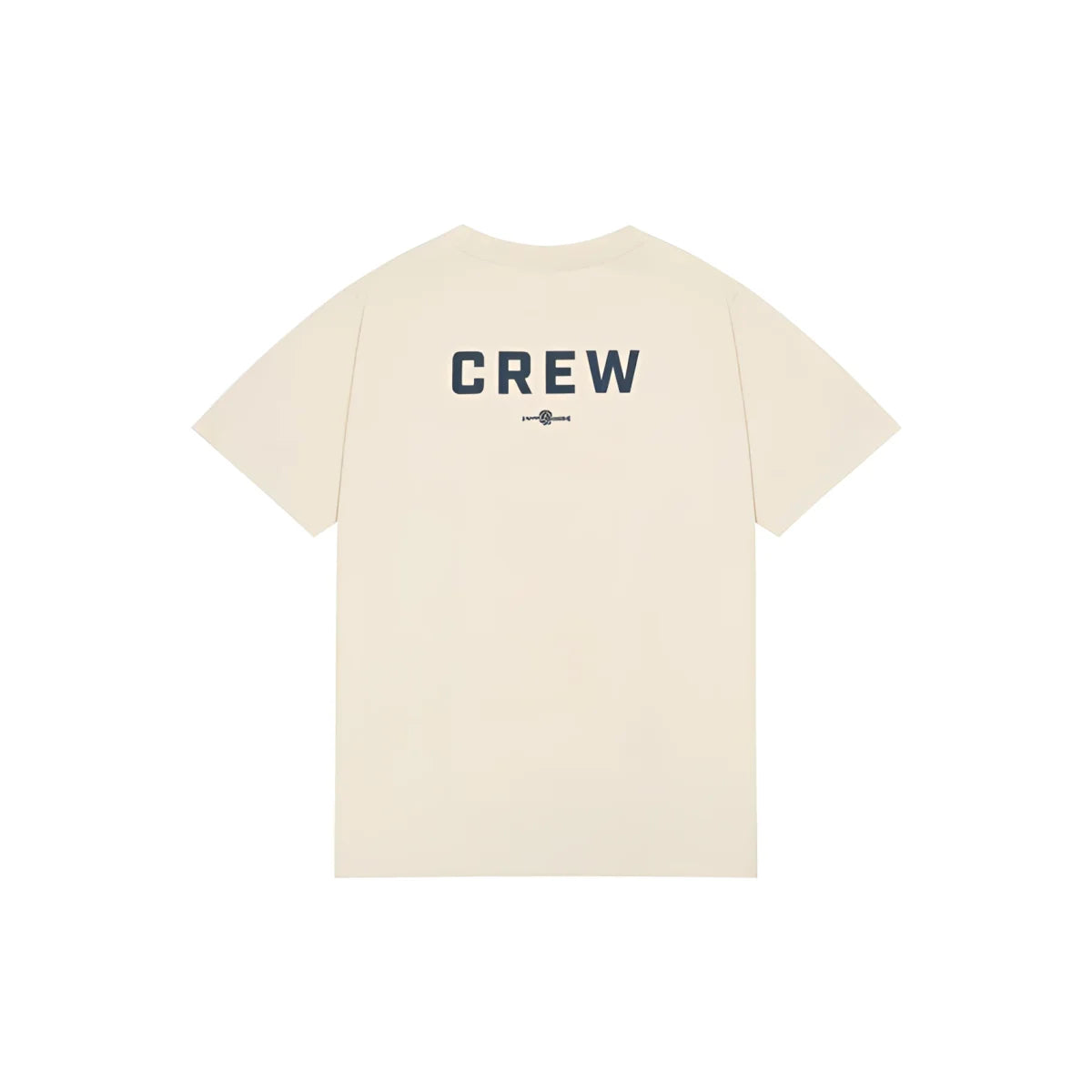 Cremefarbenes crew neck t-shirt mit dem schriftzug crew in navy blau auf der rückseite
