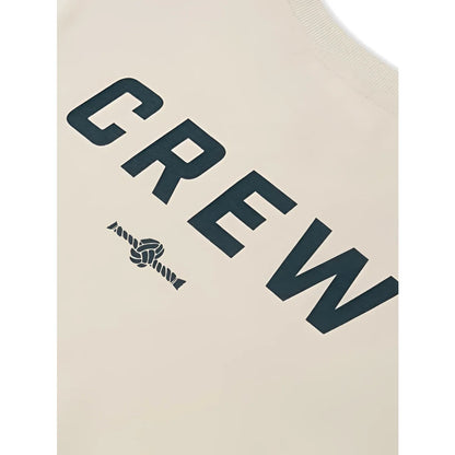 Creamfarbenes crew neck t-shirt mit fettem schwarzem crew-schriftzug und seilknoten-logo darunter