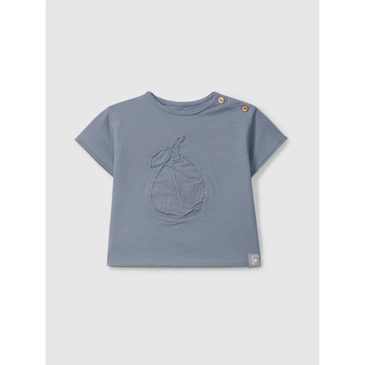 Nachhaltige Babykleidung Schweiz: Indigo T-Shirt mit Birnenstickerei