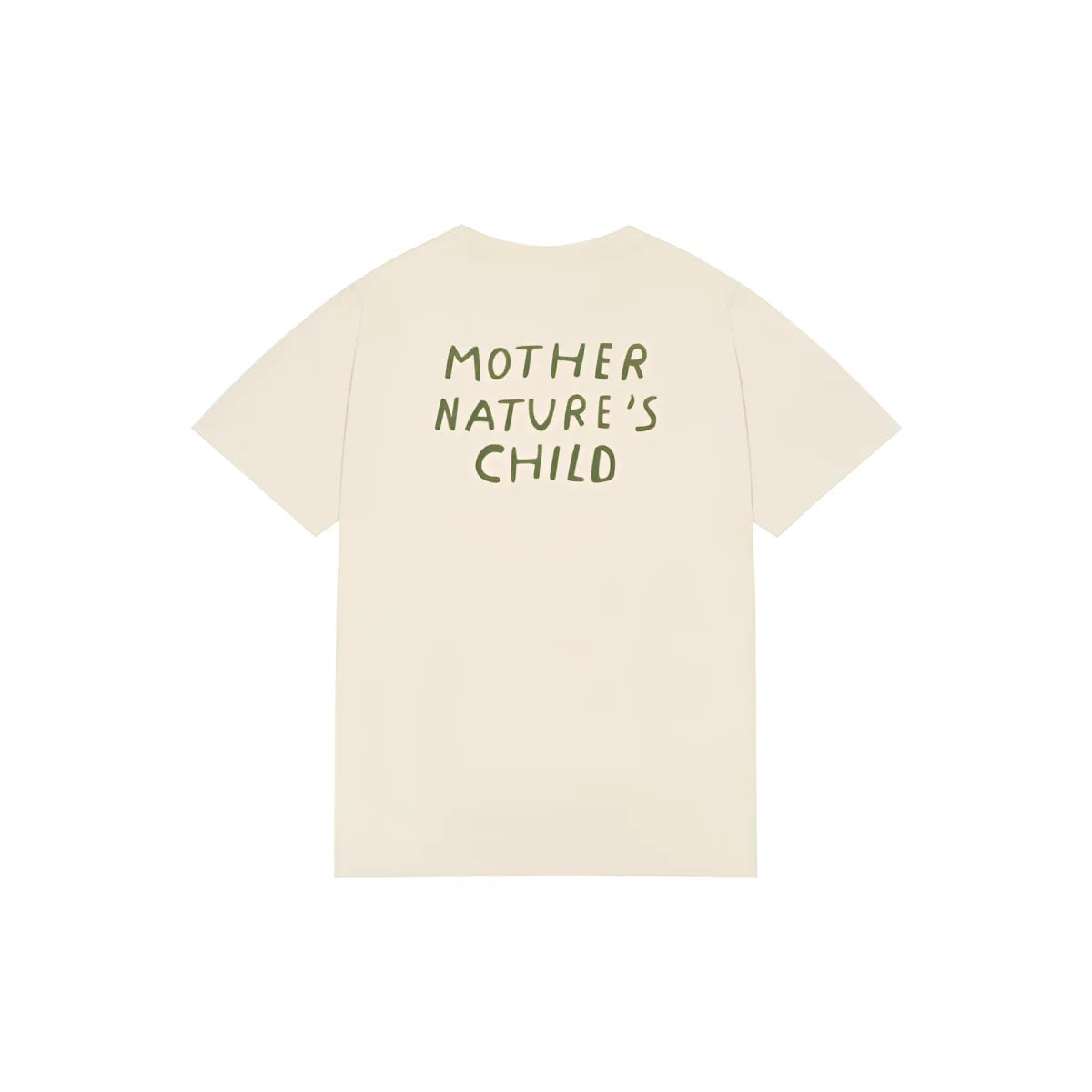 Rückseite des Damen-T-Shirts Mother Nature’s Child in Creme mit grünem Schriftzug
