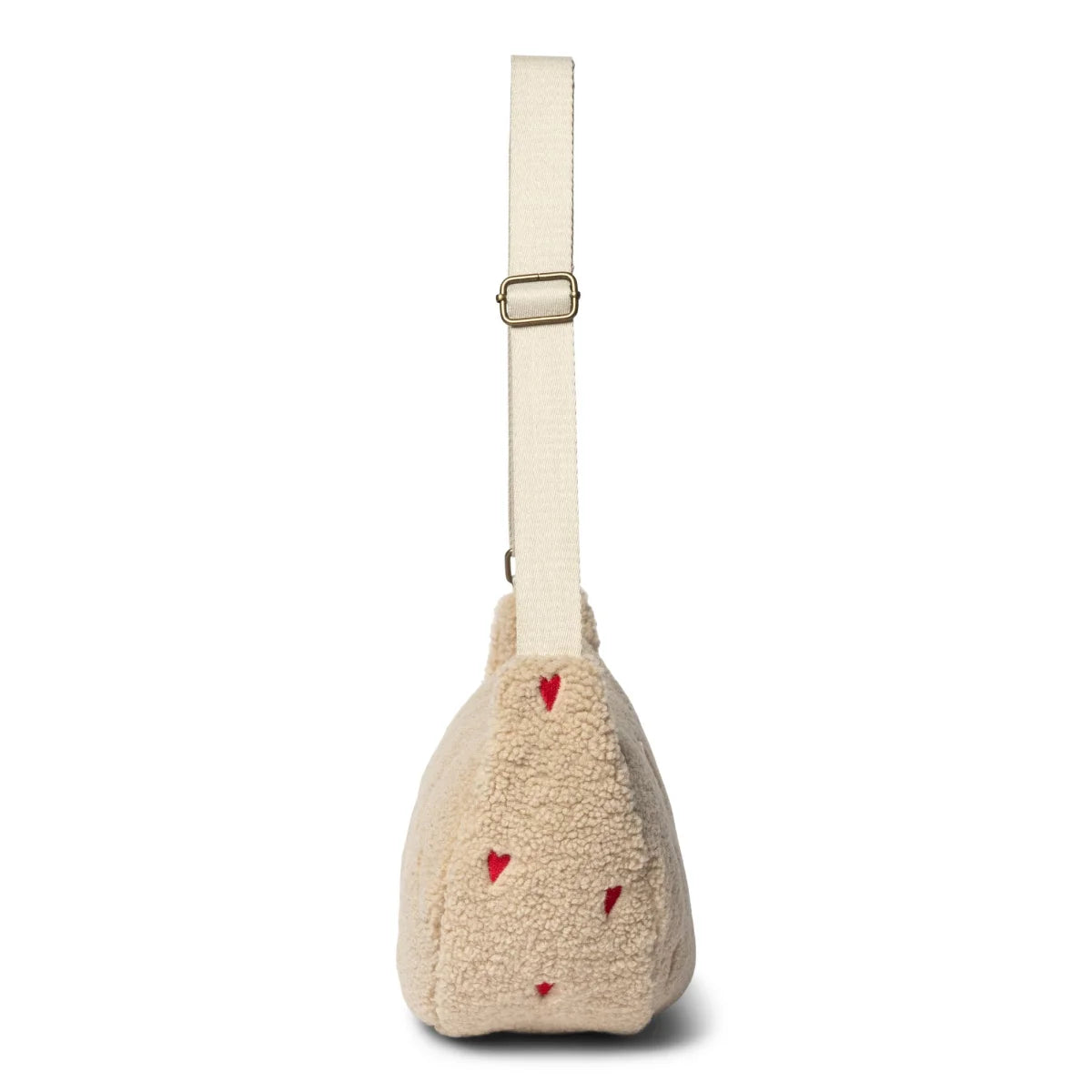 Beiger Plüschhandtasche mit roten Herzapplikationen und verstellbarem Riemen