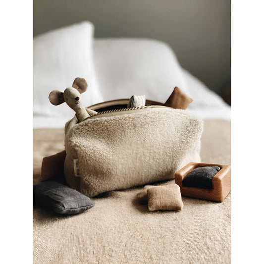 Beige Filztasche für Kosmetik mit Holz-Kugel-Reißverschluss von Teddy Chunky Necessaire