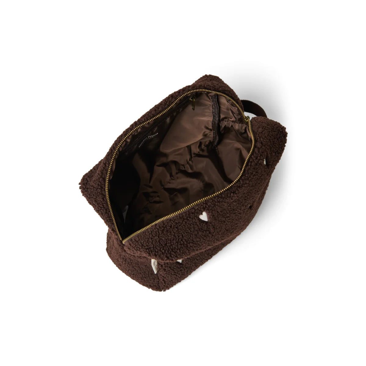 Teddy Kosmetiktasche Chocolate Hearts in der Hand gehalten