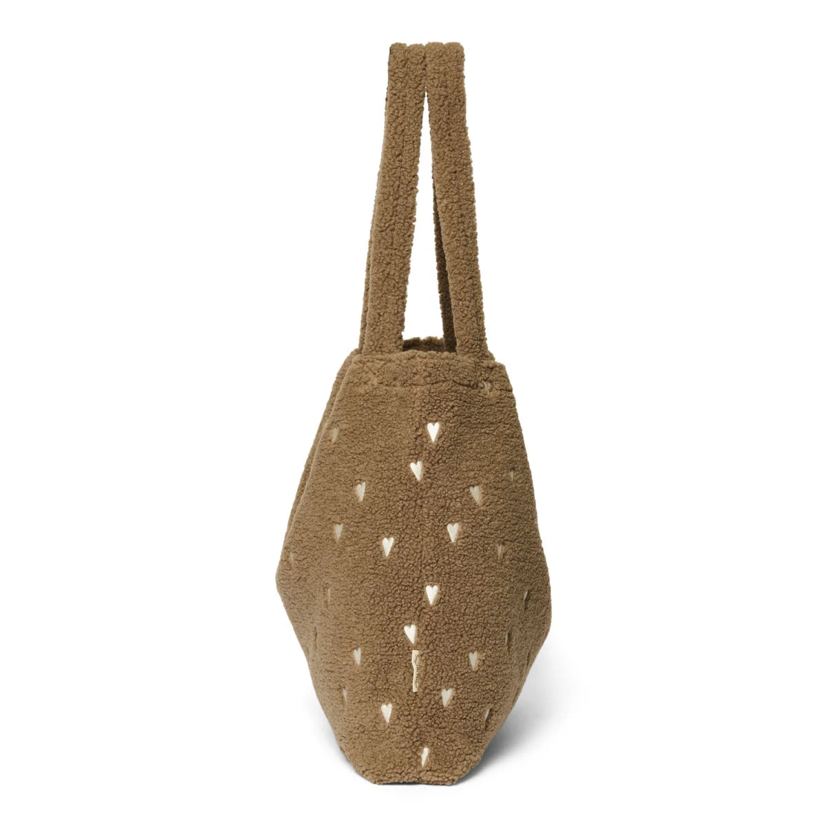 Braune Strickhandtasche mit dekorativen Dreiecksformen im Teddy Mom Bag Brown Hearts