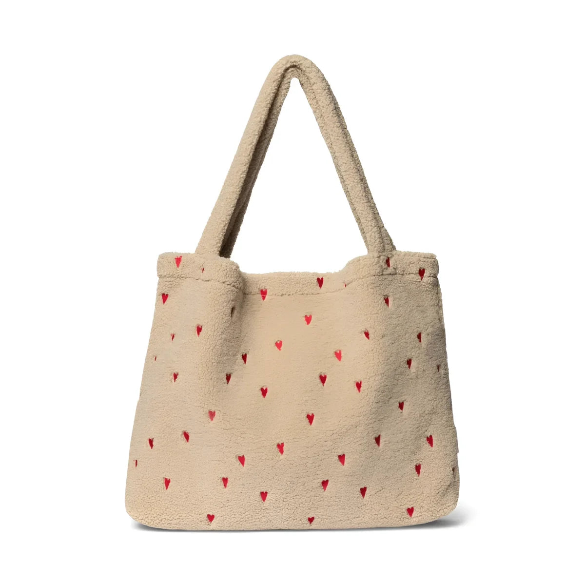 Beige Tote Bag mit rotem Herzmuster, Teddy Mom Bag in Ecru Hearts