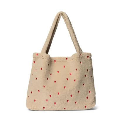 Beige Tote Bag mit rotem Herzmuster, Teddy Mom Bag in Ecru Hearts