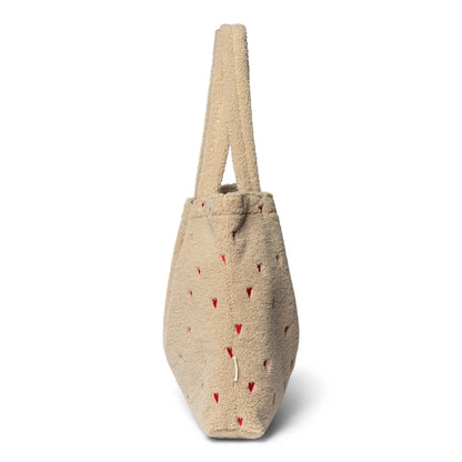 Beiger Stoffbeutel mit roten gestickten Details, Teddy Mom Bag | Ecru Hearts