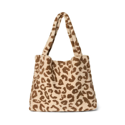 Leopardenmuster-Handtasche aus Plüsch mit Doppelhaken in Ecru für Mama