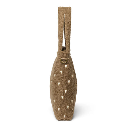 Braune Sherpa-Tasche mit Herz-Ausschnitten, Teddy Mom Wickeltasche in Braun